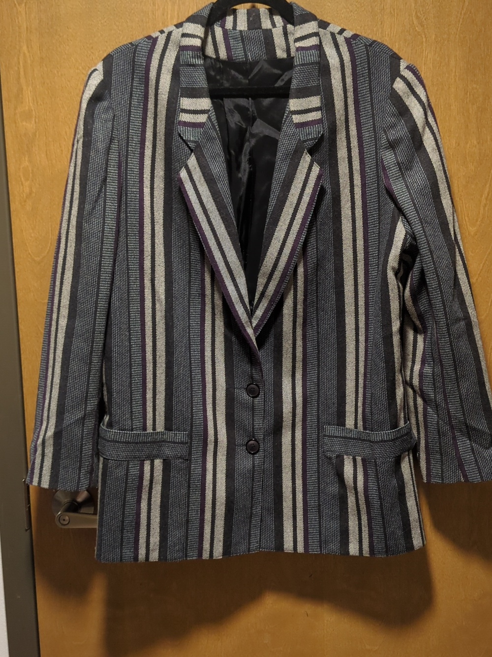 Vintage Striped Blazer Jacket Women’s 18 Black Gray Purple Lined Tailored Pocket